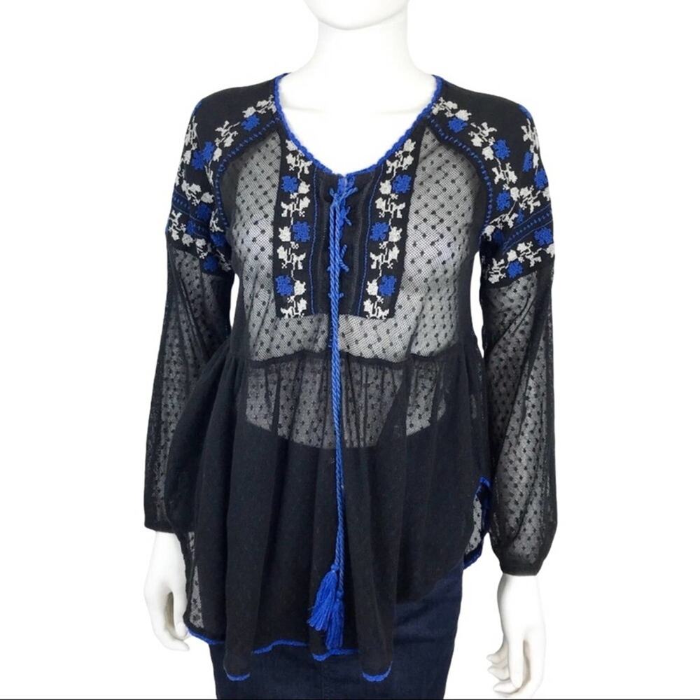 Free People Boho Black Blouse Vintage Sheer Embroidered Festival Blue Top